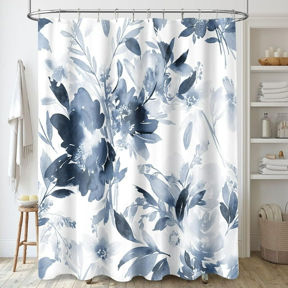 Extra Long Shower Curtain 72 x 84 Inch, Tall Watercolor Floral Fabric Shower Curtain, Modern Navy Blue Flower Bathroom Shower Curtain Set with Hooks