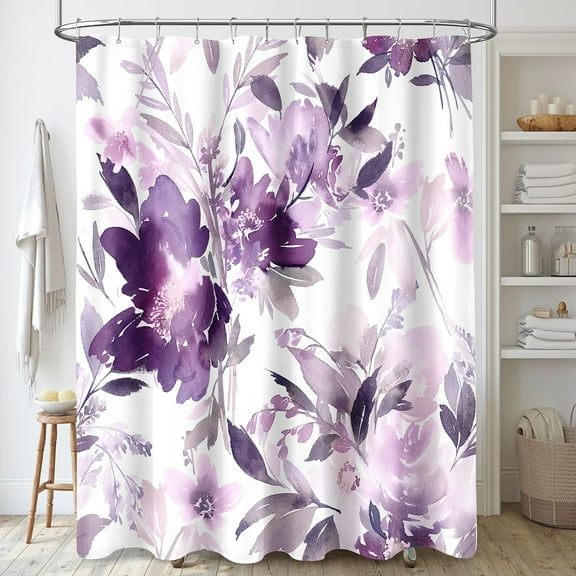 Extra Long Shower Curtain 72 x 84 Inch, Tall Watercolor Floral Fabric Shower Curtain, Modern Purple Flower Bathroom Shower Curtain Set with Hooks