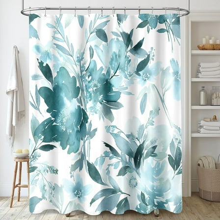 Extra Long Shower Curtain 72 x 84 Inch, Tall Watercolor Floral Fabric Shower Curtain, Modern Teal Blue Flower Bathroom Shower Curtain Set with Hooks