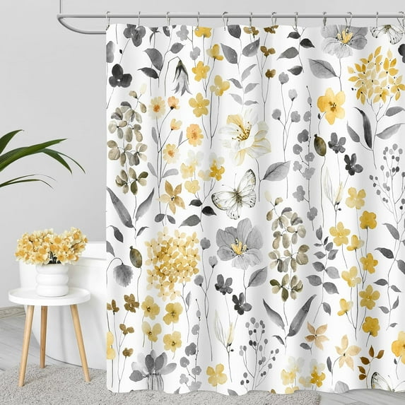 Extra Long Shower Curtain 72 x 84 Inch, Tall Yellow Grey Floral Shower Curtain for Bathroom, Watercolor Flower Butterfly Fabric Shower Curtain Set with Hooks