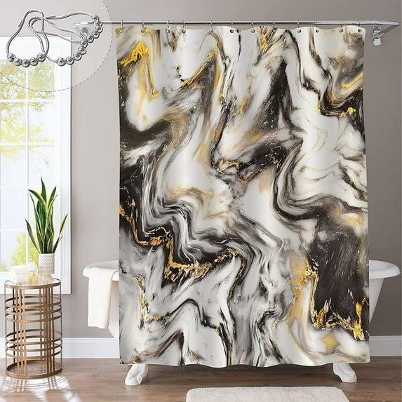 Extra Long Shower Curtain 72 x 84, Tall Abstract Black Gold Marble Shower Curtain, Modern Luxury Neutral Art Waterproof Fabric Shower Curtain for Bathroom Decor