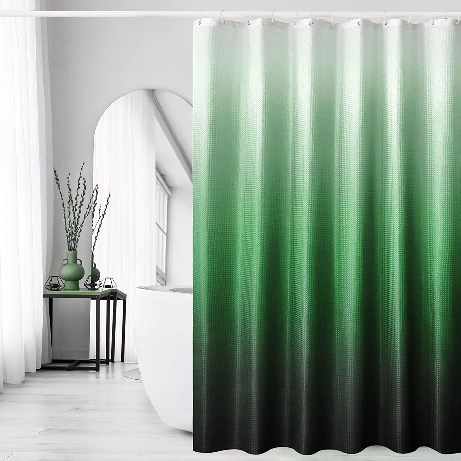 Extra Long Shower Curtain 72 x 84, Tall Emerald Green Ombre Shower Curtain for Bathroom, Waffle Weave Fabric Shower Curtain Set with Hooks, Water Repellent, Machine Washable