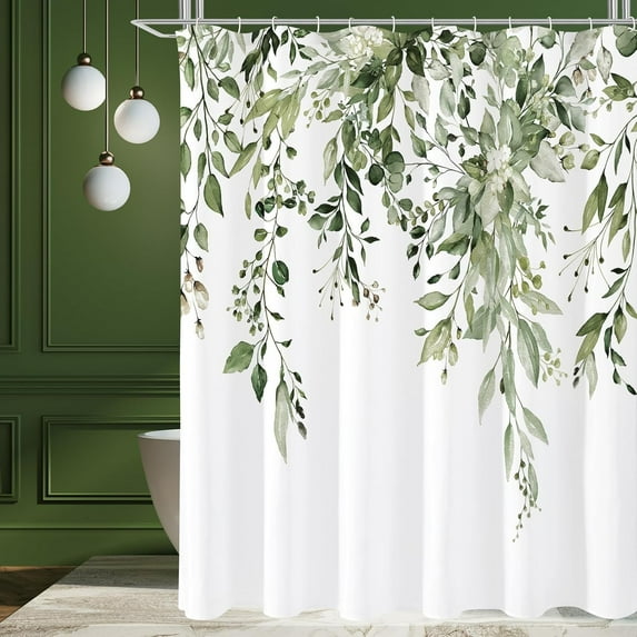 Extra Long Shower Curtain 72 x 84, Tall Olive Green Floral Shower Curtain for Bathroom, Watercolor Plant Eucalyptus Leaves Fabric Shower Curtain Set with Hooks