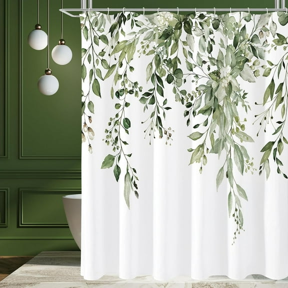 Extra Long Shower Curtain 72 x 84, Tall Olive Green Floral Shower Curtain for Bathroom, Watercolor Plant Eucalyptus Leaves Fabric Shower Curtain Set with Hooks