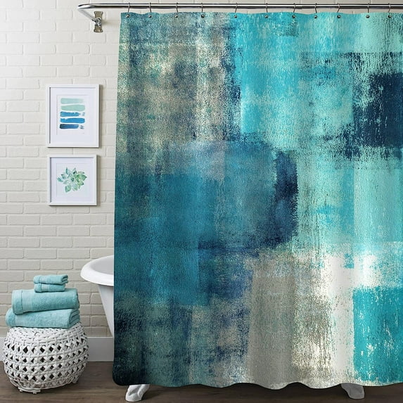 Extra Long Shower Curtain 72 x 84, Teal 84 inch Shower Curtain Set with Hooks, Blue Green XL Shower Curtain for Bathroom Decor, Waterproof White Grunge Style Fabric Shower Curtain