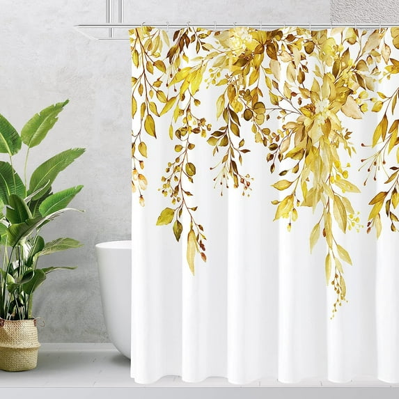 Extra Long Shower Curtain 72 x 84, Yellow Floral Shower Curtain for Bathroom, Watercolor Plant Eucalyptus Leaves Fabric Shower Curtain Set with Hooks