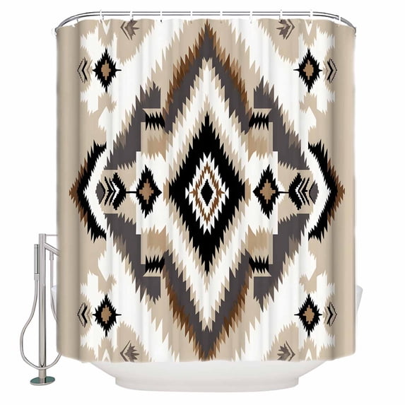 Extra Long Shower Curtain 72x84 Inch, Black Brown Shower Curtain Waterproof Bathroom Decor Boho Vintage Southwestern Ethnic Geometric Fabric Bath Curtain Set Accessories with Hooks