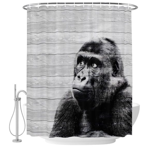 Extra Long Shower Curtain 72x84 Inch, Black Monkey Retro Shower Curtain Waterproof Bathroom Decor, Modern Art Wildlife Gray Wooden Fabric Bath Curtain Set Accessories with Hooks