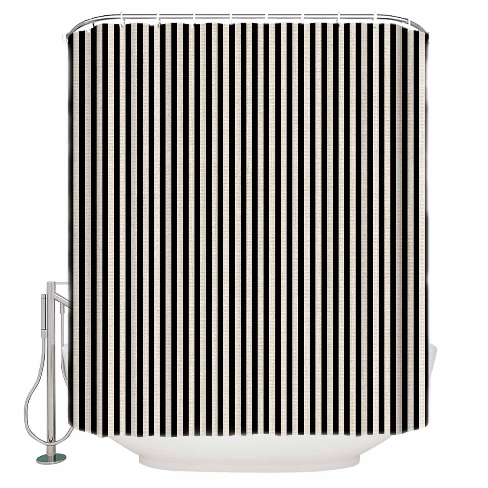 Extra Long Shower Curtain 72x84 Inch, Black Striped Shower Curtain Waterproof Bathroom Decor Modern Simple Farmhouse Beige Vintage Fabric Bath Curtain Set Accessories with Hooks