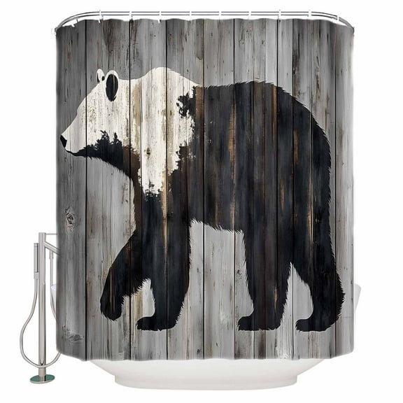Extra Long Shower Curtain 72x84 Inch, Black White Bear Shower Curtain Waterproof Bathroom Decor Vintage Country Rustic Wooden Grain Fabric Bath Curtain Set Accessories with Hooks