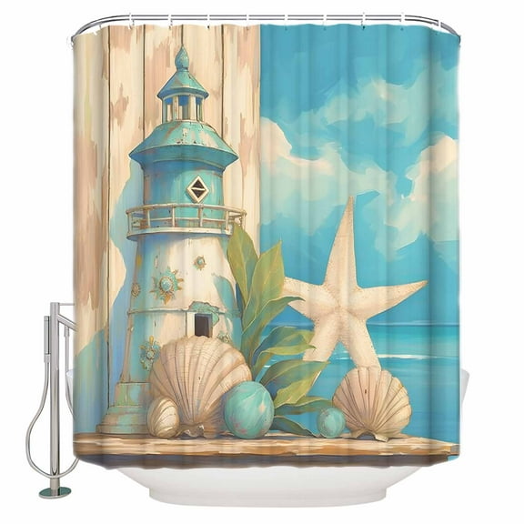 Extra Long Shower Curtain 72x84 Inch, Blue Coastal Shower Curtain Waterproof Bathroom Decor Watercolor Nautical Starfish Lighthouse Beach Fabric Bath Curtain Set Accessories with Hooks