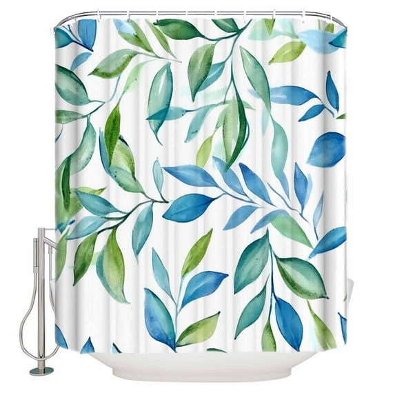 Extra Long Shower Curtain 72x84 Inch, Blue Green Botanical Shower Curtain Waterproof Bathroom Decor Watercolor Summer Leaf Fabric Bath Curtain Set Accessories with Hooks