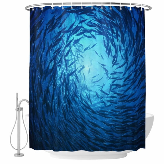 Extra Long Shower Curtain 72x84 Inch, Blue School of Fish Shower Curtain Waterproof Bathroom Decor, Ocean Marine Life Coastal Fabric Bath Curtain Set Accessories with Hooks