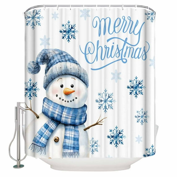 Extra Long Shower Curtain 72x84 Inch, Blue Snowman Christmas Shower Curtain Waterproof Bathroom Decor Watercolor Snowflake Fabric Bath Curtain Set Accessories with Hooks