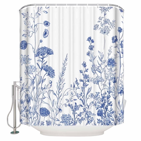 Extra Long Shower Curtain 72x84 Inch, Blue White Spring Floral Shower Curtain Waterproof Bathroom Decor Summer Flowers Farmhouse Fabric Bath Curtain Set Accessories with Hooks
