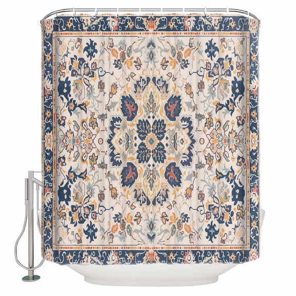 Extra Long Shower Curtain 72x84 Inch, Boho Orange Blue Shower Curtain Waterproof Bathroom Decor Southwestern Ethnic Mexican Flowers Retro Fabric Bath Curtain Set Accessories with Hooks