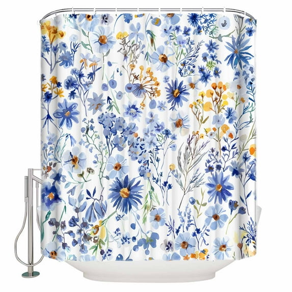 Extra Long Shower Curtain 72x84 Inch, Botanical Floral Shower Curtain Waterproof Bathroom Decor Blue Flowers Watercolor Wildflowers Fabric Bath Curtain Set Accessories with Hooks