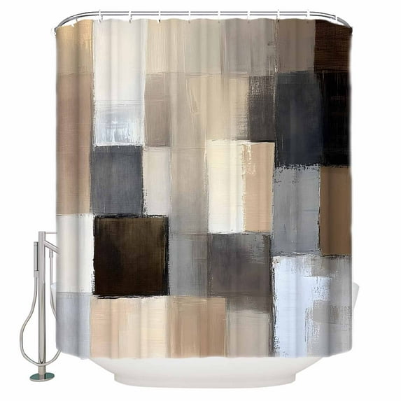 Extra Long Shower Curtain 72x84 Inch, Brown Beige Plaid Shower Curtain Waterproof Bathroom Decor Abstract Oil Painting Checkered Fabric Bath Curtain Set Accessories with Hooks