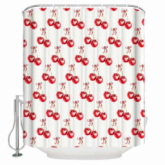 Extra Long Shower Curtain 72x84 Inch, Cherry Farmhouse Shower Curtain Waterproof Bathroom Decor Spring Summer Fruit Watercolor Fabric Bath Curtain Set Accessories with Hooks
