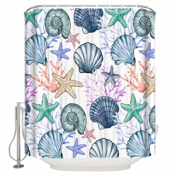 Extra Long Shower Curtain 72x84 Inch, Coastal Beach Shower Curtain Waterproof Bathroom Decor Watercolor Nautical Starfish Shell Fabric Bath Curtain Set Accessories with Hooks