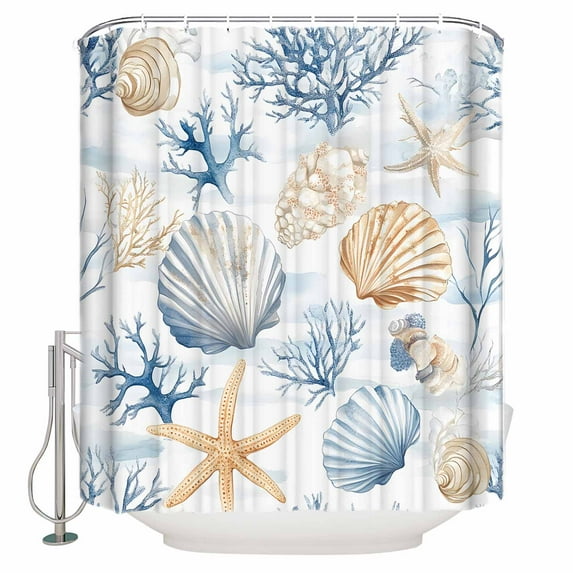 Extra Long Shower Curtain 72x84 Inch, Coastal Blue Shower Curtain Waterproof Bathroom Decor Coral Starfish Seashells Beach Summer Fabric Bath Curtain Set Accessories with Hooks