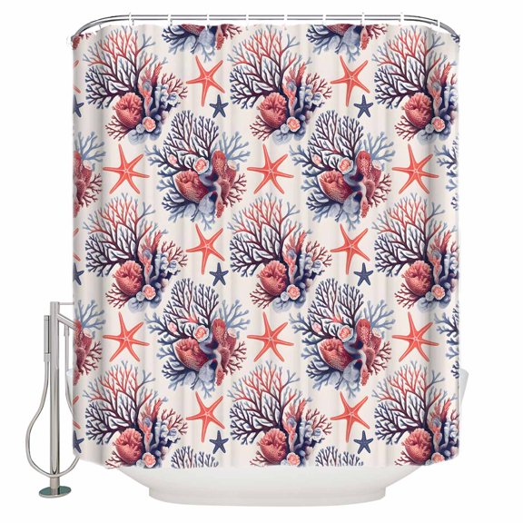 Extra Long Shower Curtain 72x84 Inch, Coastal Coral Shower Curtain Waterproof Bathroom Decor Red Starfish Ocean Retro Fabric Bath Curtain Set Accessories with Hooks