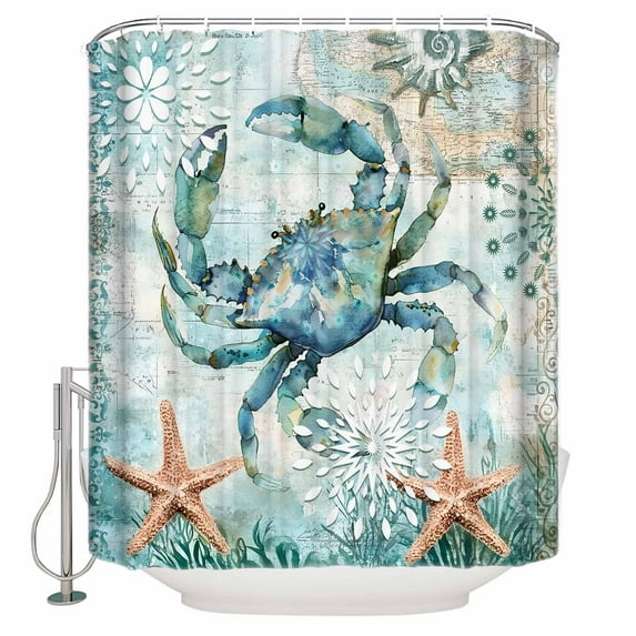Extra Long Shower Curtain 72x84 Inch, Coastal Crab Shower Curtain Waterproof Bathroom Decor Teal Nautical Beach Starfish Vintage Fabric Bath Curtain Set Accessories with Hooks