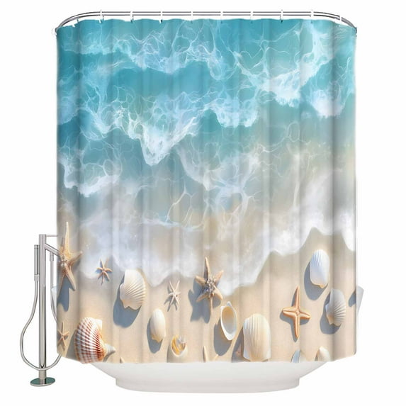 Extra Long Shower Curtain 72x84 Inch, Coastal Summer Beach Shower Curtain Waterproof Bathroom Decor Starfish Shell Seaside Fabric Bath Curtain Set Accessories with Hooks