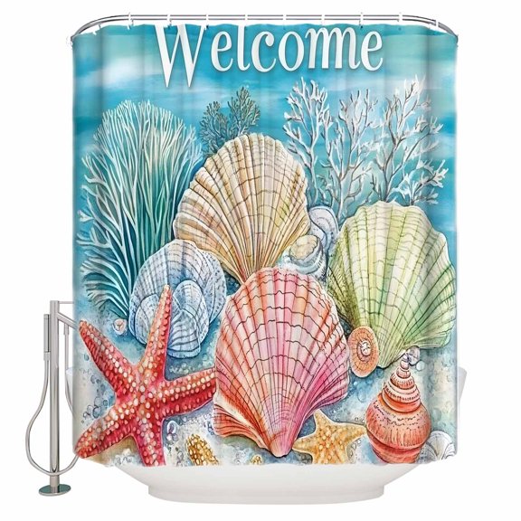 Extra Long Shower Curtain 72x84 Inch, Colorful Shell Shower Curtain Waterproof Bathroom Decor Ocean Marine Life Coral Welcome Summer Fabric Bath Curtain Set Accessories with Hooks