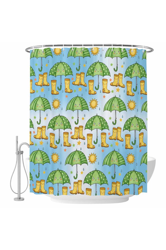 Extra Long Shower Curtain 72x84 Inch, Cute Green Umbrella Shower Curtain Waterproof Bathroom Decor, Cartoon Rain Boots Blue Ombre Fabric Bath Curtain Set Accessories with Hooks