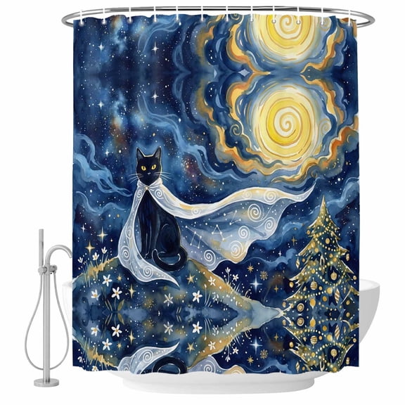 Extra Long Shower Curtain 72x84 Inch, Fantasy Starry Sky Shower Curtain Waterproof Bathroom Decor, Cute Black Cat Moonlight Xmas Trees Bohemia Fabric Bath Curtain Set Accessories with Hooks