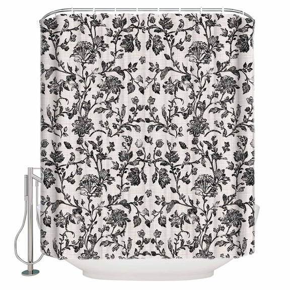 Extra Long Shower Curtain 72x84 Inch, Farmhouse Black Shower Curtain Waterproof Bathroom Decor Vintage Flower Leaf Botanical Plant Fabric Bath Curtain Set Accessories with Hooks
