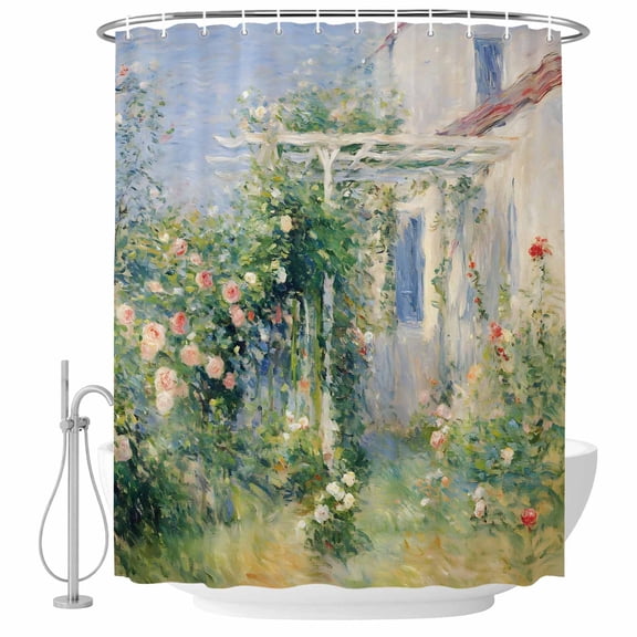 Extra Long Shower Curtain 72x84 Inch, Farmhouse Country Shower Curtain Waterproof Bathroom Decor, Rustic Oil Painting Garden Flowers Fabric Bath Curtain Set Accessories with Hooks