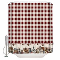 Extra Long Shower Curtain 72x84 Inch, Farmhouse Shower Curtain Waterproof Bathroom Decor American Country Star Barn Red Brown Plaid Berry Fabric Bath Curtain Set Accessories with Hooks