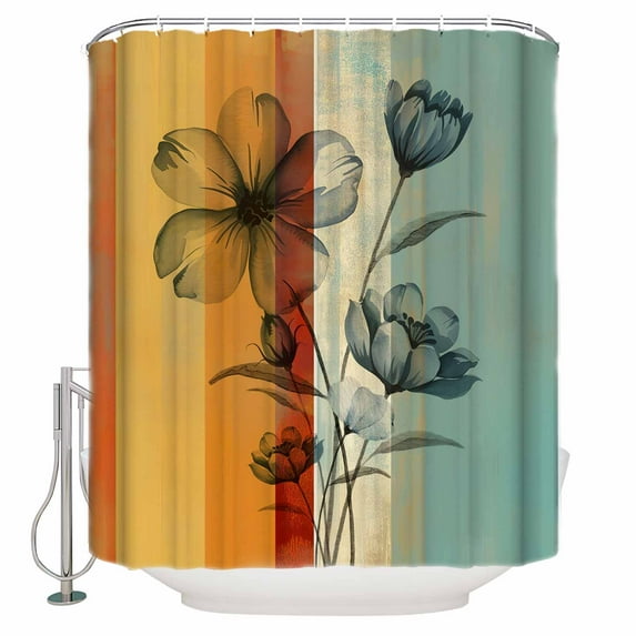 Extra Long Shower Curtain 72x84 Inch, Floral Orange Shower Curtain Waterproof Bathroom Decor Multicolor Striped Decadent Botanical Flower Fabric Bath Curtain Set Accessories with Hooks