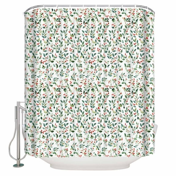 Extra Long Shower Curtain 72x84 Inch, Green Botanical Christmas Shower Curtain Waterproof Bathroom Decor Watercolor Xmas Berry Red Fabric Bath Curtain Set Accessories with Hooks