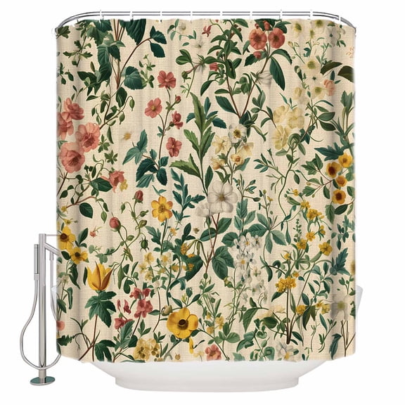 Extra Long Shower Curtain 72x84 Inch, Green Botanical Shower Curtain Waterproof Bathroom Decor Vintage Plant Flowers Garden Leaf Motifs Fabric Bath Curtain Set Accessories with Hooks