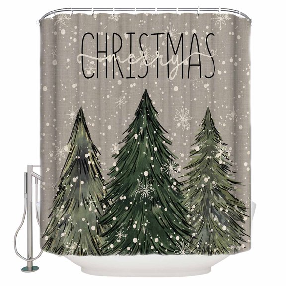 Extra Long Shower Curtain 72x84 Inch, Grey Christmas Tree Shower Curtain Waterproof Bathroom Decor Green Xmas Tree Snowflake Fabric Bath Curtain Set Accessories with Hooks