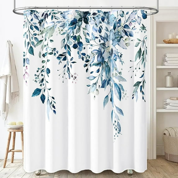 Extra Long Shower Curtain - 72x84 Inch Long Eucalyptus Botanical Waterproof Fabric Shower Curtain Set with 12 Hooks, Large Watercolor Leaves Floral Polyester Curtains for Bathroom Showers, Blue