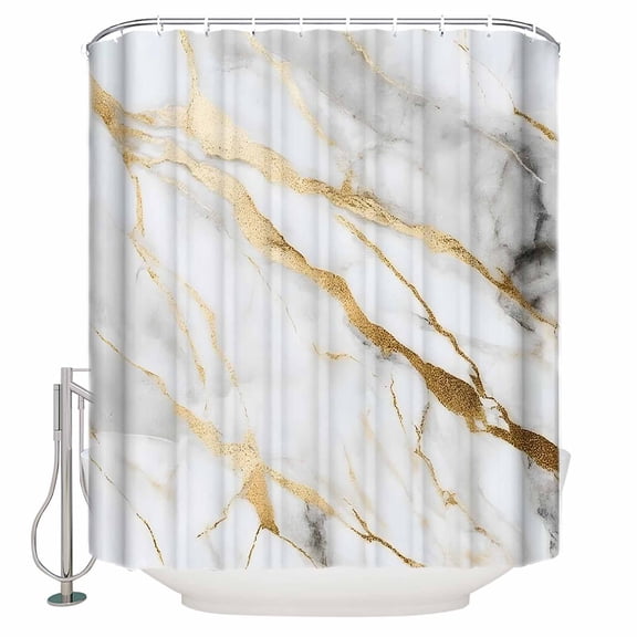 Extra Long Shower Curtain 72x84 Inch, Marble White Gold Shower Curtain Waterproof Bathroom Decor Abstract Simple Marble Geometric Fabric Bath Curtain Set Accessories with Hooks