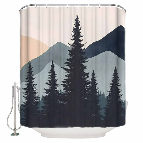 Extra Long Shower Curtain 72x84 Inch, Mountain Forest Shower Curtain Waterproof Bathroom Decor Nature Tree Scenery Watercolor Pink Blue Fabric Bath Curtain Set Accessories with Hooks