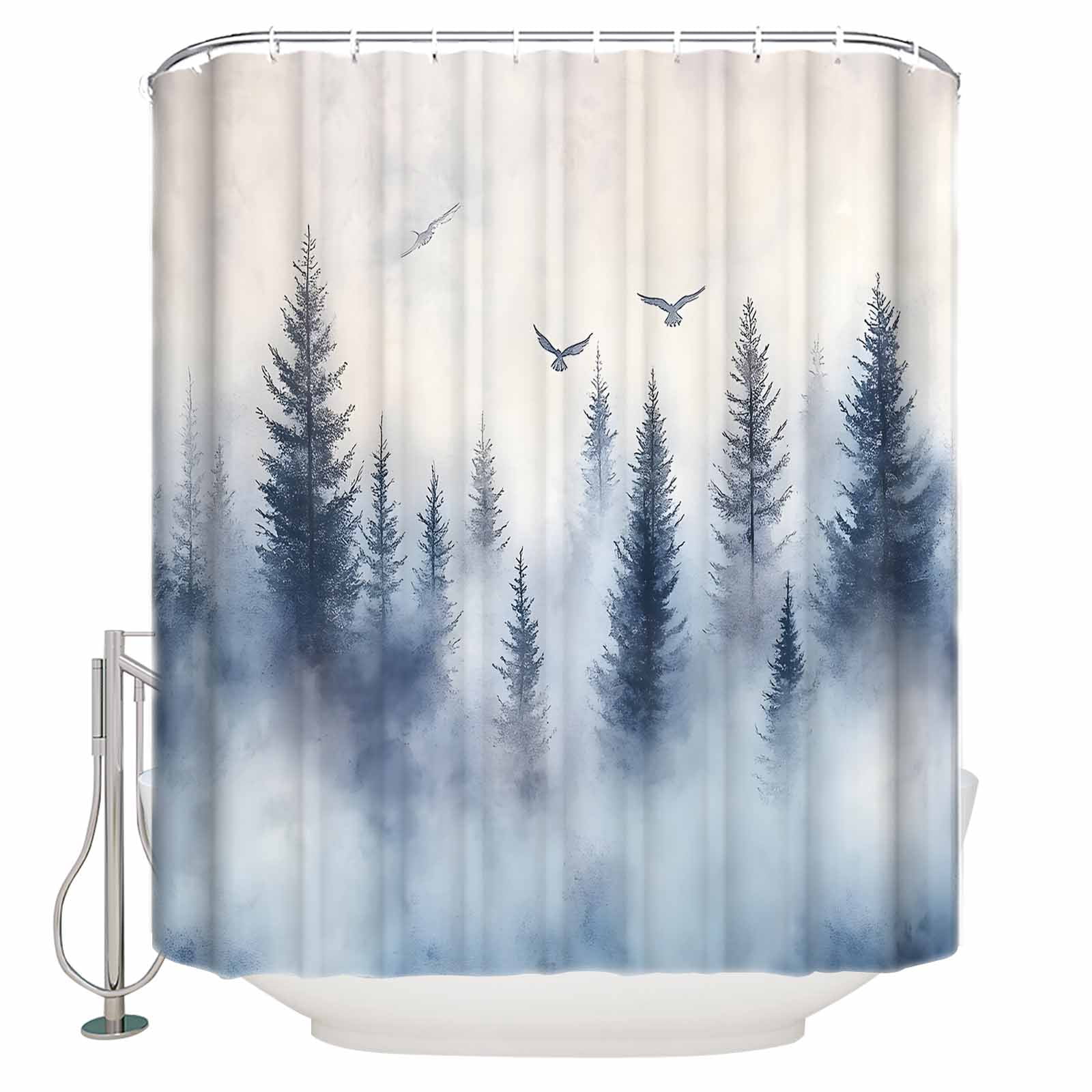 Extra Long Shower Curtain 72x84 Inch, Mountain Peak Shower Curtain Waterproof Bathroom Decor Forest Tree Scene Watercolor Style Fabric Bath Curtain Set Accessories with Hooks