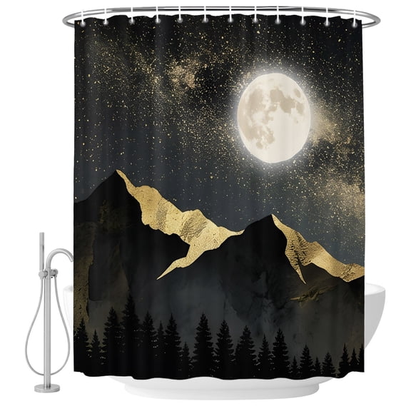 Extra Long Shower Curtain 72x84 Inch, Mountains Shower Curtain Waterproof Bathroom Decor, Nature Forest Gold Moon Landscape Fabric Bath Curtain Set Accessories with Hooks
