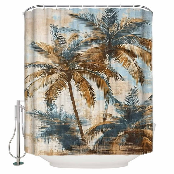 Extra Long Shower Curtain 72x84 Inch, Navy Blue Brown Palm Tree Shower Curtain Waterproof Bathroom Decor Tropical Leaves Vintage Fabric Bath Curtain Set Accessories with Hooks