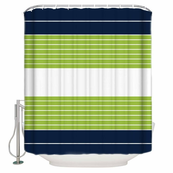 Extra Long Shower Curtain 72x84 Inch, Navy Blue Green Stripe Shower Curtain Waterproof Bathroom Decor Modern Art Horizontal Striped Fabric Bath Curtain Set Accessories with Hooks