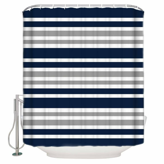 Extra Long Shower Curtain 72x84 Inch, Navy Blue Grey Striped Shower Curtain Waterproof Bathroom Decor Gradient Horizontal Lines Fabric Bath Curtain Set Accessories with Hooks