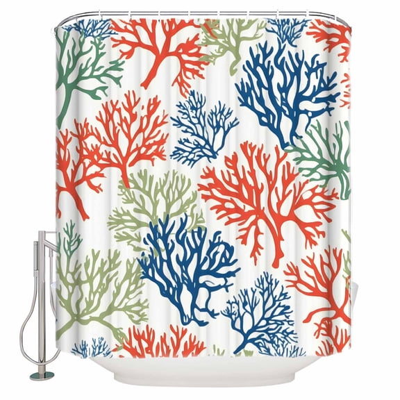Extra Long Shower Curtain 72x84 Inch, Navy Blue Red Coral Shower Curtain Waterproof Bathroom Decor Green Coastal Ocean Aquatic Plants Fabric Bath Curtain Set Accessories with Hooks