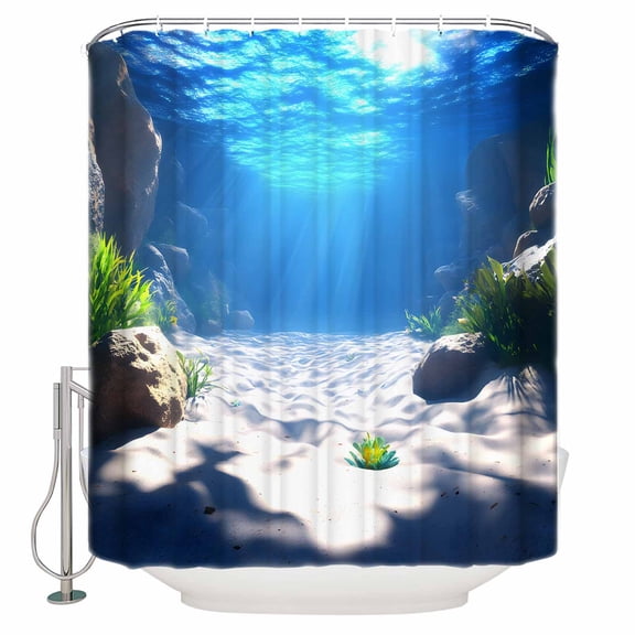 Extra Long Shower Curtain 72x84 Inch, Ocean Summer Shower Curtain Waterproof Bathroom Decor Underwater Sunlight Rock Beach Sand Fabric Bath Curtain Set Accessories with Hooks