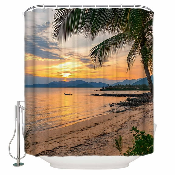 Extra Long Shower Curtain 72x84 Inch, Ocean Sunset Shower Curtain Waterproof Bathroom Decor Summer Palm Tree Shore Sand Mountain Fabric Bath Curtain Set Accessories with Hooks