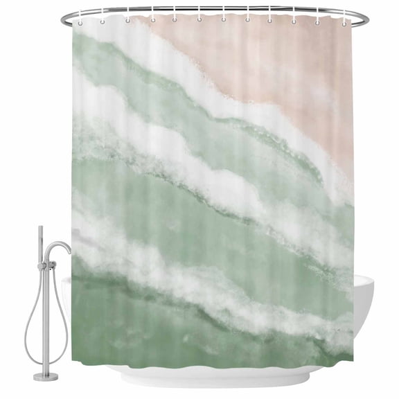 Extra Long Shower Curtain 72x84 Inch, Ombre Green Ocean Shower Curtain Waterproof Bathroom Decor, Coastal Waves Beach Gradient Fabric Bath Curtain Set Accessories with Hooks